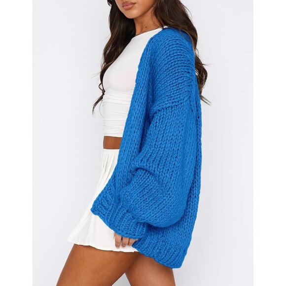 Womens Trendy Cardigan Sweaters Blue Long Sleeve Chunky Knit Outfits - Picture 4 of 8